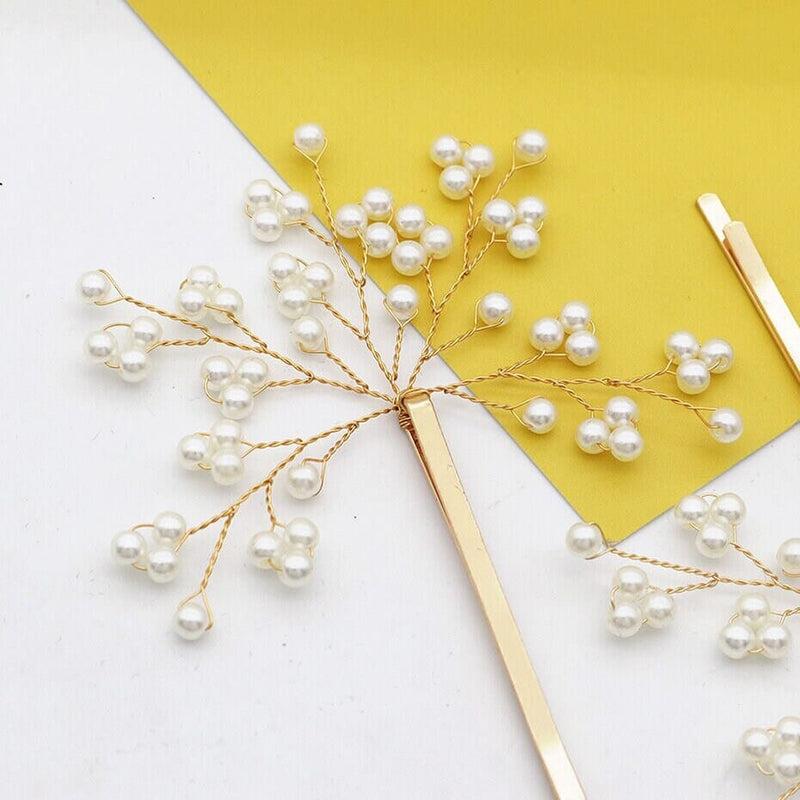 Bridal 2 PC Pearl Bobby Hairpin Set, Wedding Floral Wire Pearl Bobby Hairpins, Bridesmaid Pearl Wire Hairpiece, Gold or Silver (Set of 2 PC) - KaleaBoutique.com