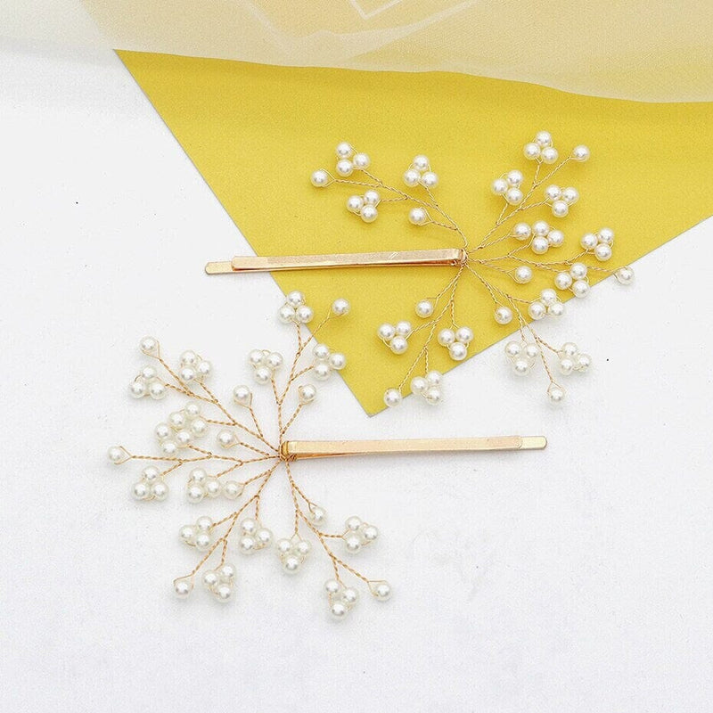 Bridal 2 PC Pearl Bobby Pin Hairpin Set, Wedding Floral Wire Pearl Bobby Hairpins, Bridesmaid Pearl Wire Hairpiece, Gold or Silver (Set of 2 PC) - KaleaBoutique.com