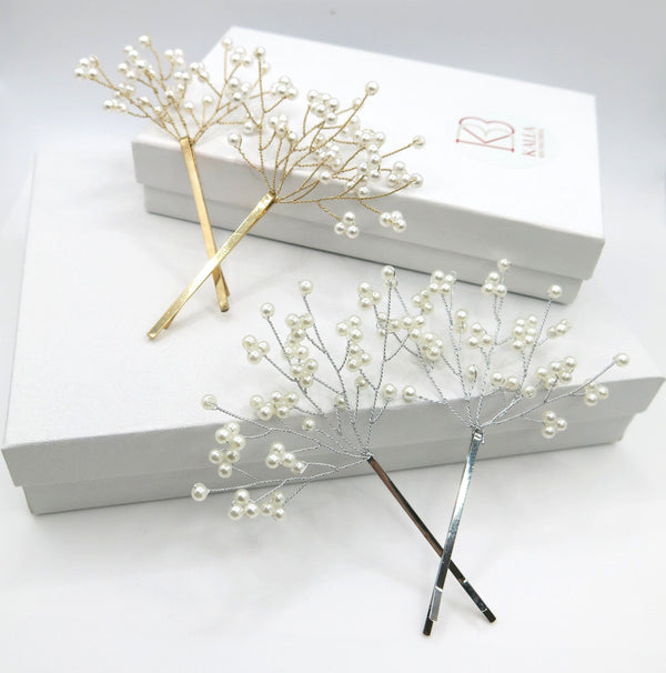 Bridal 2 PC Pearl Bobby Pin Hairpin Set, Wedding Floral Wire Pearl Bobby Hairpins, Bridesmaid Pearl Wire Hairpiece, Gold or Silver (Set of 2 PC) - KaleaBoutique.com