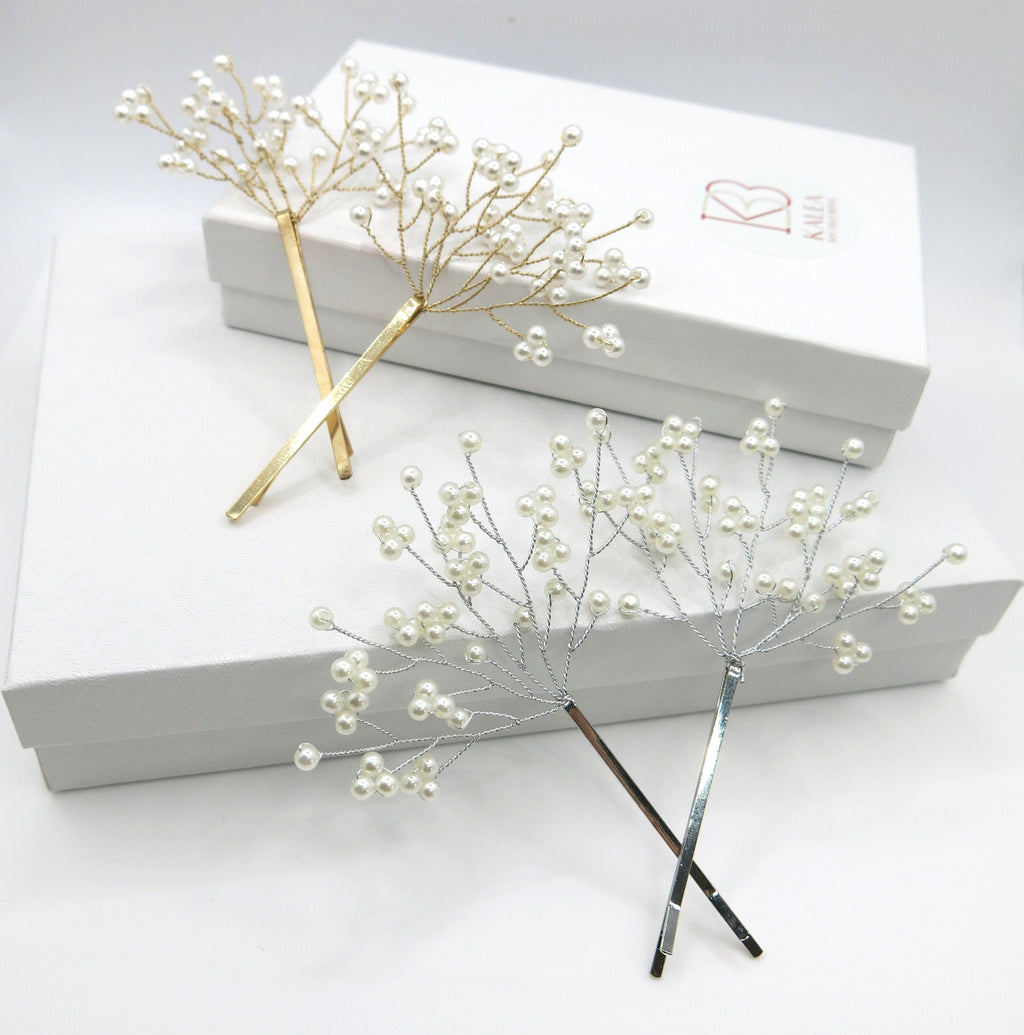 Bridal 2 PC Pearl Bobby Pin Hairpin Set, Wedding Floral Wire Pearl Bobby Hairpins, Bridesmaid Pearl Wire Hairpiece, Gold or Silver (Set of 2 PC) - KaleaBoutique.com