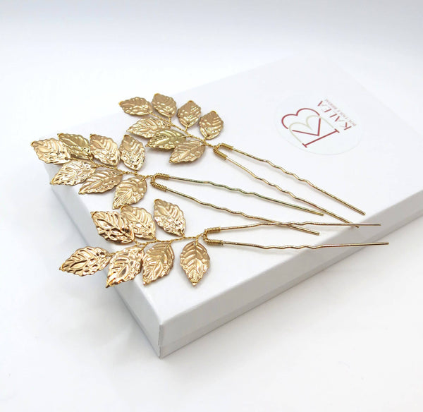 Bridal Gold Leaf 3 PC Hairpin Set, Greek Goddess Hair Pins, Delicate Wedding Head Piece Gold Leaf Hairpin Hair Accessory, Set of 3 - KaleaBoutique.com