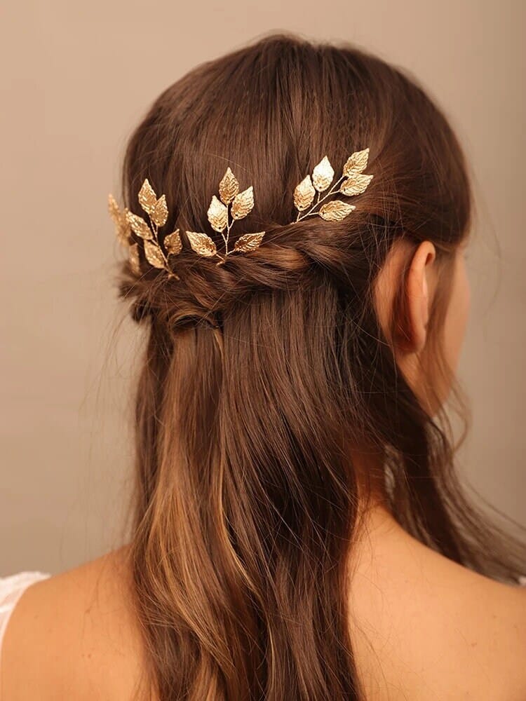 Bridal 3 PC Hairpin Golden Leaf Branch Hair Pin for Wedding Floral Delicate Head Piece Gold Leaf Hairpin Hair Piece Accessory, Set of 3 - KaleaBoutique.com