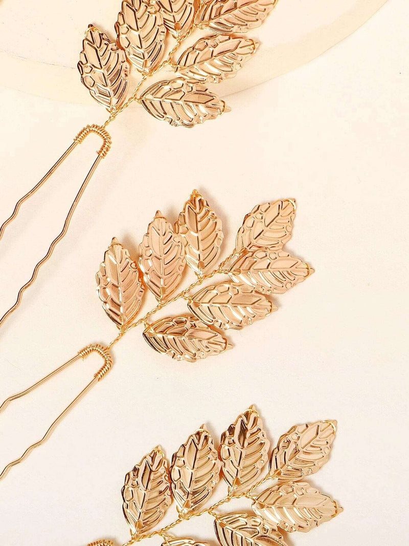 Bridal Gold Leaf 3 PC Hairpin Set, Greek Goddess Hair Pins, Delicate Wedding Head Piece Gold Leaf Hairpin Hair Accessory, Set of 3 - KaleaBoutique.com