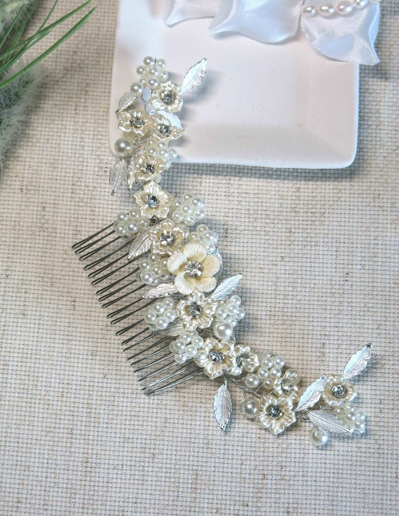 Bridal Abalone Flower Pearl Hair Comb, Wedding Floral Off White Hair Comb, Bridesmaid Floral Ivory Hair Comb Tiara - KaleaBoutique.com