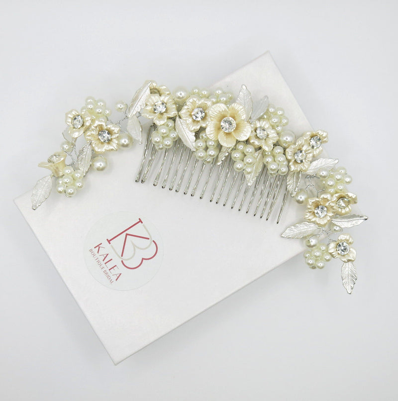 Bridal Abalone Flower Pearl Hair Comb, Wedding Floral Off White Hair Comb, Bridesmaid Floral Ivory Hair Comb Tiara - KaleaBoutique.com