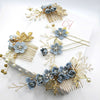 Bridal Blue Flower 2 PC Hairpin Set, Wedding Fabric Blue Floral Pearl Hairpiece, Bridesmaid Blue Flower Hairpin, Bride Flower Blue Hairpin - KaleaBoutique.com