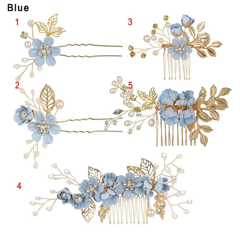 Bridal Blue Flower 2 PC Hairpin Set, Wedding Fabric Blue Floral Pearl Hairpiece, Bridesmaid Blue Flower Hairpin, Bride Flower Blue Hairpin - KaleaBoutique.com