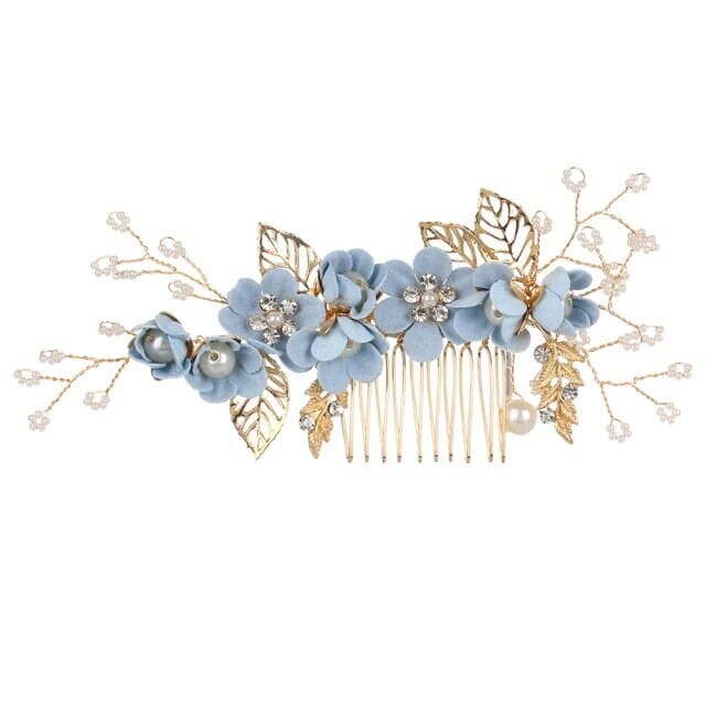Bridal Blue Flower 2 PC Hairpin Set, Wedding Fabric Blue Floral Pearl Hairpiece, Bridesmaid Blue Flower Hairpin, Bride Flower Blue Hairpin - KaleaBoutique.com