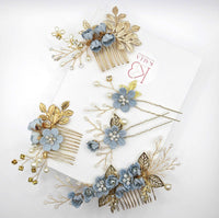 Bridal Blue Flower 2 PC Hairpin Set, Wedding Fabric Blue Floral Pearl Hairpiece, Bridesmaid Blue Flower Hairpin, Bride Flower Blue Hairpin - KaleaBoutique.com