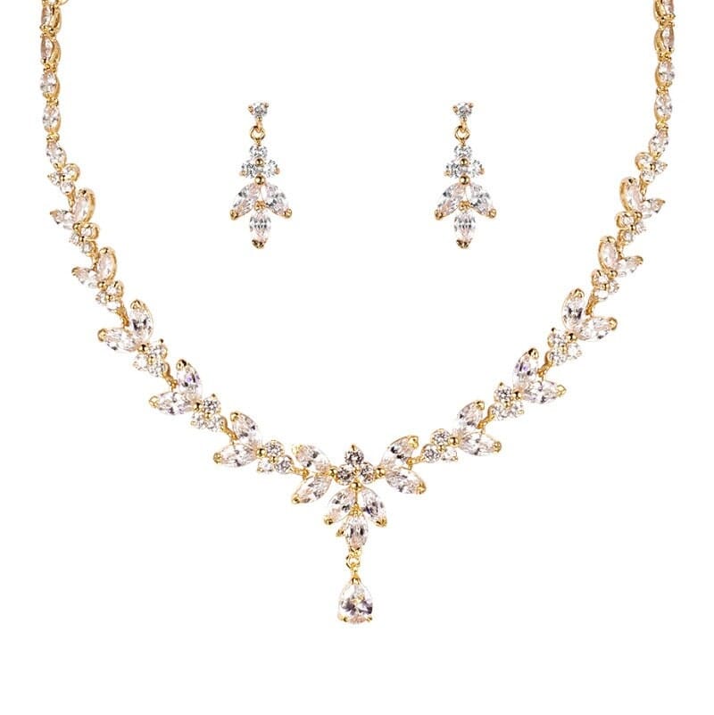 Bridal Crystal 3 PC Jewelry Set, Bridal Gem Y-Necklace, Wedding Necklace for Bride, 14K Gold Plated CZ Crystal Earring and Necklace Set - KaleaBoutique.com