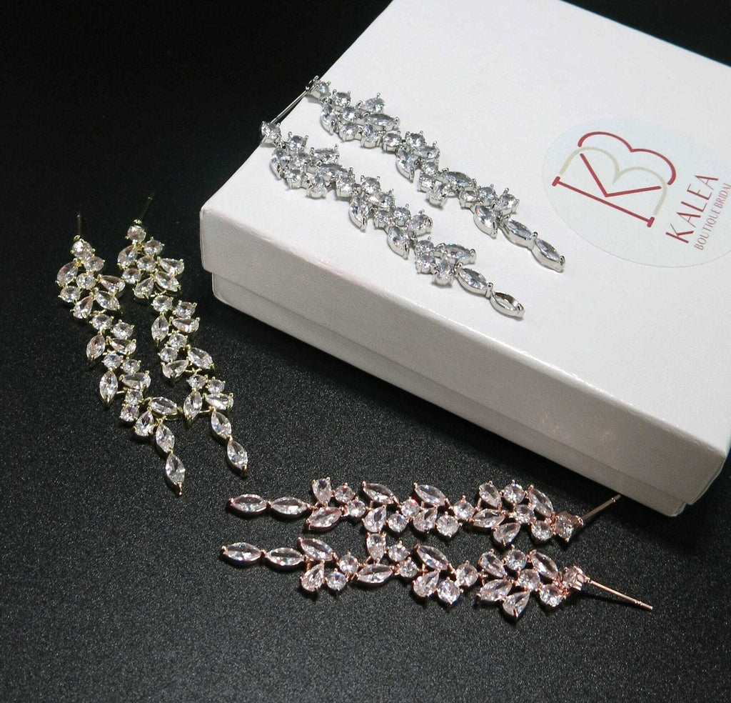 Bridal Crystal Dangle Earrings, Wedding CZ Diamond Long Earrings, Bridesmaid Crystal Leaf 14K Gold Plated CZ Crystal Stud Earrings - KaleaBoutique.com