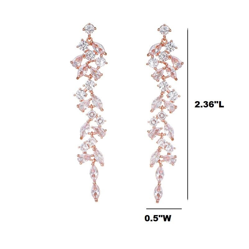 Bridal Crystal Dangle Earrings, Wedding CZ Diamond Long Tassel Ear Studs, Bridesmaid Crystal Leaf 14K Gold Plated Cooper Gem Stud Earrings - KaleaBoutique.com