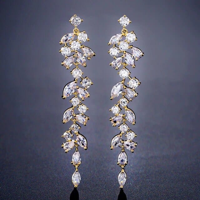 Bridal Crystal Dangle Earrings, Wedding CZ Diamond Long Earrings, Bridesmaid Crystal Leaf 14K Gold Plated CZ Crystal Stud Earrings - KaleaBoutique.com