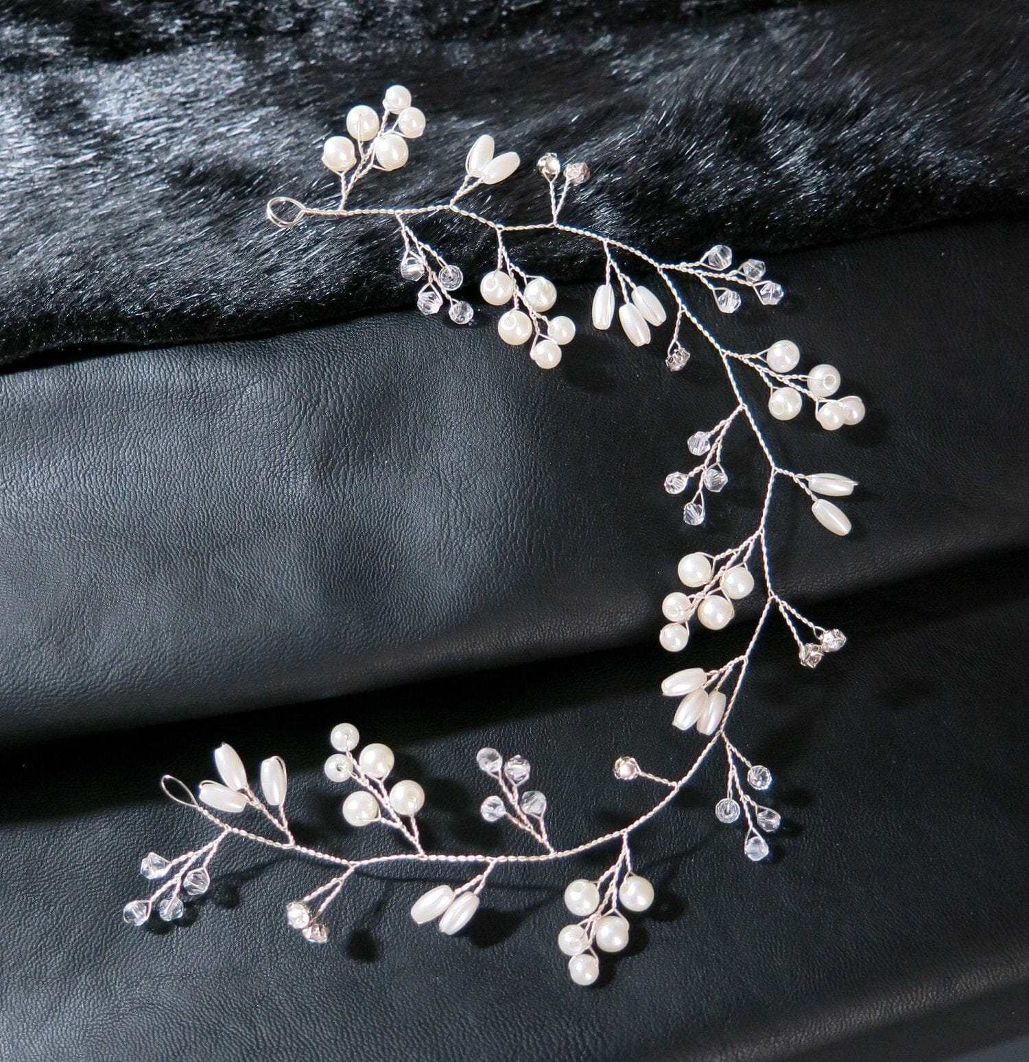 Bridal Pearl Wire Hair Vine, Wedding Headband Tiara, Pearl  display picture 1