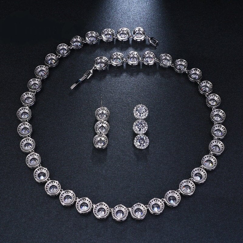 Bridal CZ Crystal Necklace and Earrings Set, CZ Diamond Crystal Choker Link Necklace and Dangle Earrings 3 PC Wedding Crystal Jewelry Set - KaleaBoutique.com