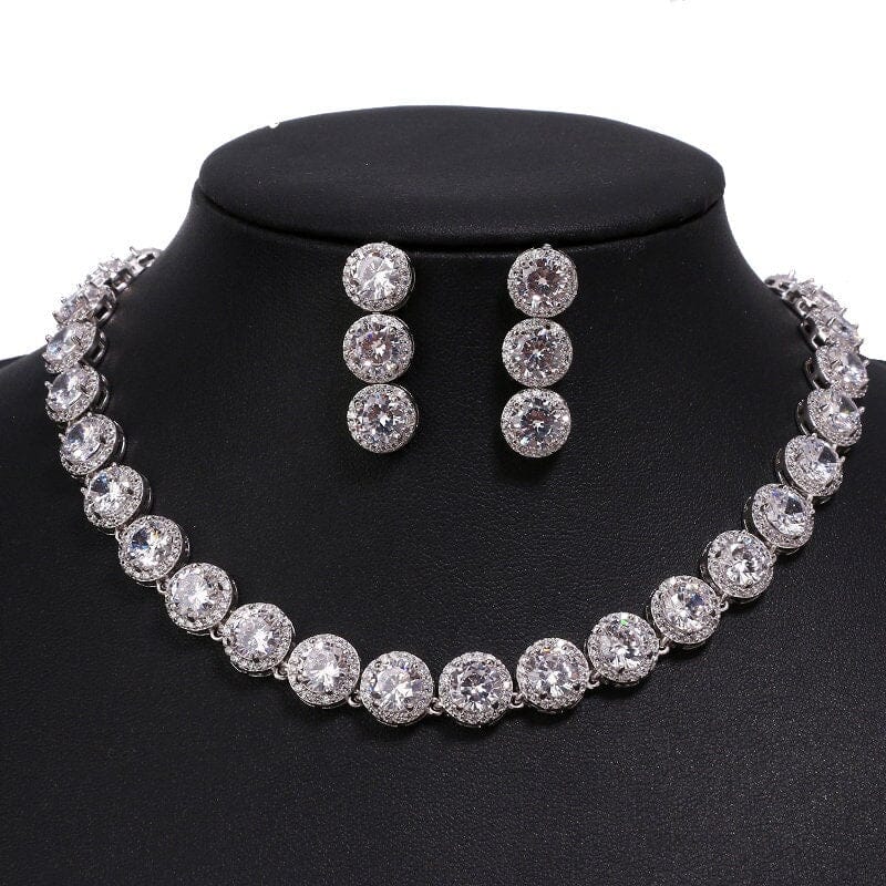 Bridal CZ Crystal Necklace and Earrings Set, CZ Diamond Crystal Choker Link Necklace and Dangle Earrings 3 PC Wedding Crystal Jewelry Set - KaleaBoutique.com