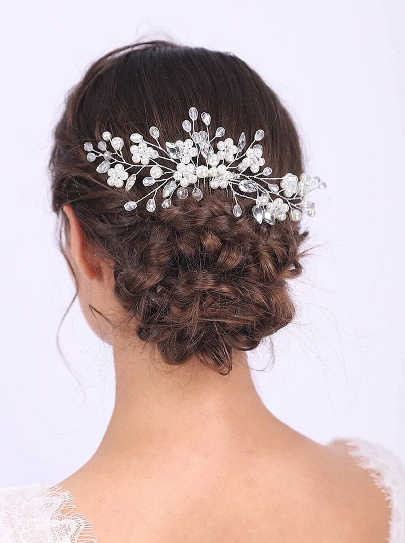 Bridal Delicate Floating White Pearls and Rhinestone Crystals Hairpiece Hair Comb Boho Wedding Bejeweled Hairpin Bridesmaid Hair Pin 8.5" L - KaleaBoutique.com