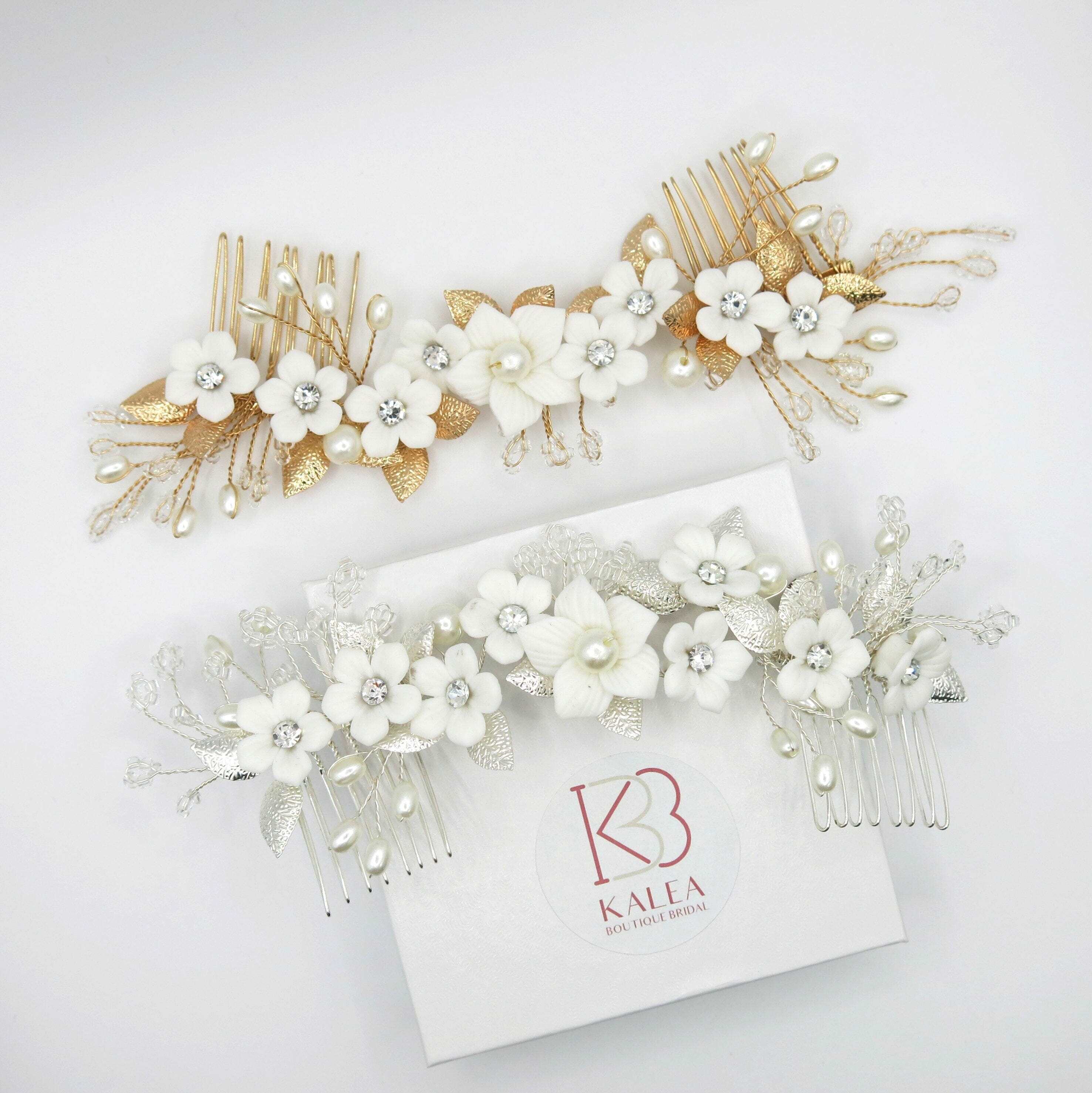 Two Tone Flower Vine Bridal Hair Comb Piece Cluster Wedding Leaf Silver Bridal Hair Comb Set - Wedding Hair Vine with Pearls  main image 4