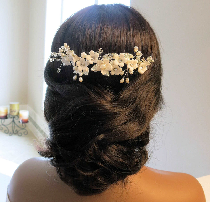 Bridal Floral Dual Hair Comb, White Pearl Floral Hair Vine, Wedding Ceramic Flower Headband, Double Comb Bridal Hair Piece - KaleaBoutique.com