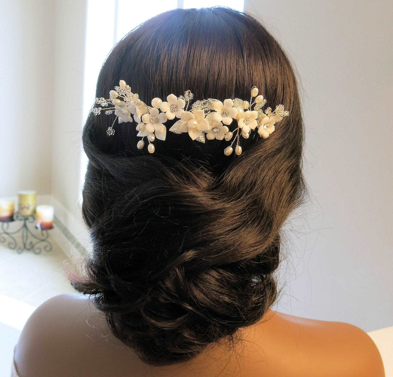 Bridal Dual Hair Comb Head piece, White Pearl Floral Hair Vine, Wedding Ceramic Flower Headband, Embossed Leaf Double Comb Bridal Hair Piece - KaleaBoutique.com