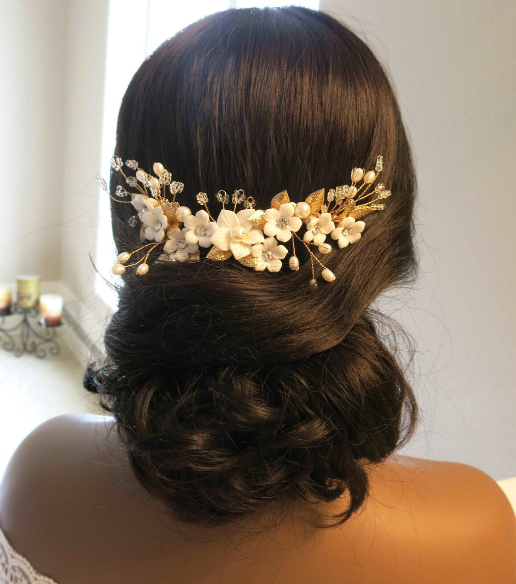 Bridal Floral Dual Hair Comb, White Pearl Floral Hair Vine, Wedding Ceramic Flower Headband, Double Comb Bridal Hair Piece - KaleaBoutique.com