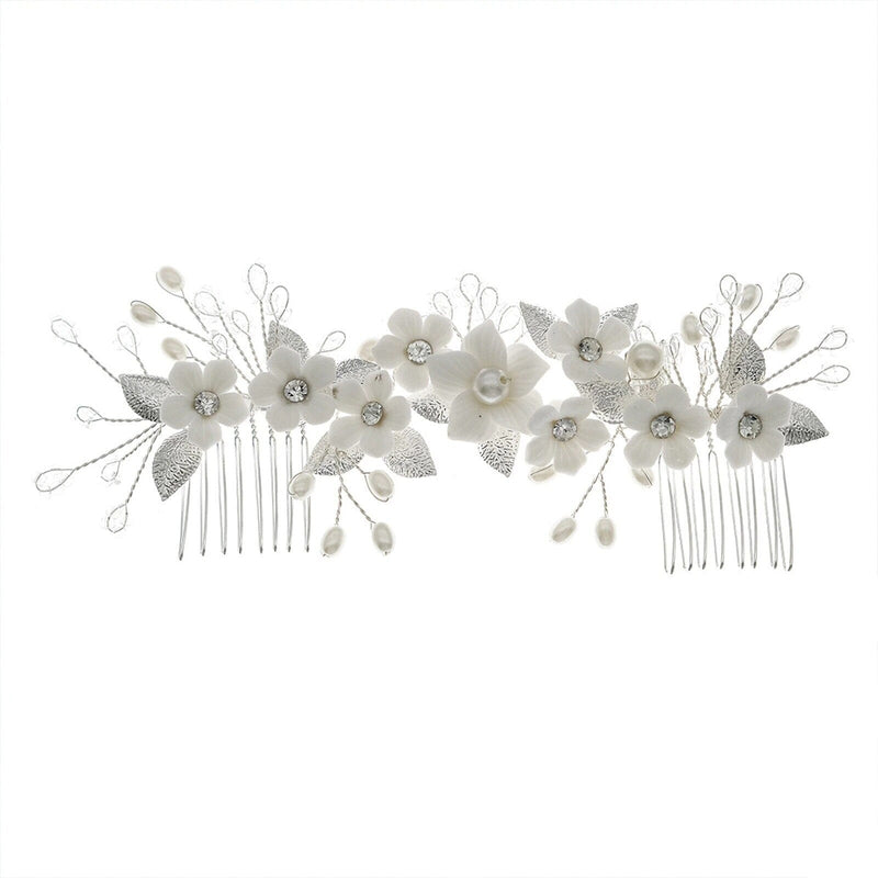 Bridal Floral Dual Hair Comb, White Pearl Floral Hair Vine, Wedding Ceramic Flower Headband, Double Comb Bridal Hair Piece - KaleaBoutique.com
