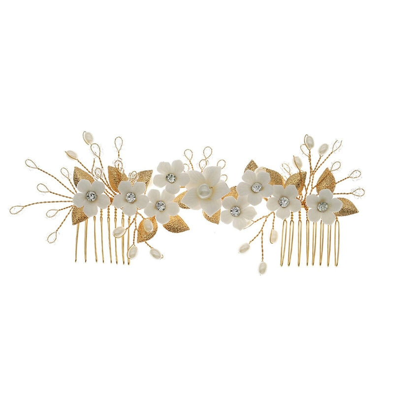 Bridal Floral Dual Hair Comb, White Pearl Floral Hair Vine, Wedding Ceramic Flower Headband, Double Comb Bridal Hair Piece - KaleaBoutique.com