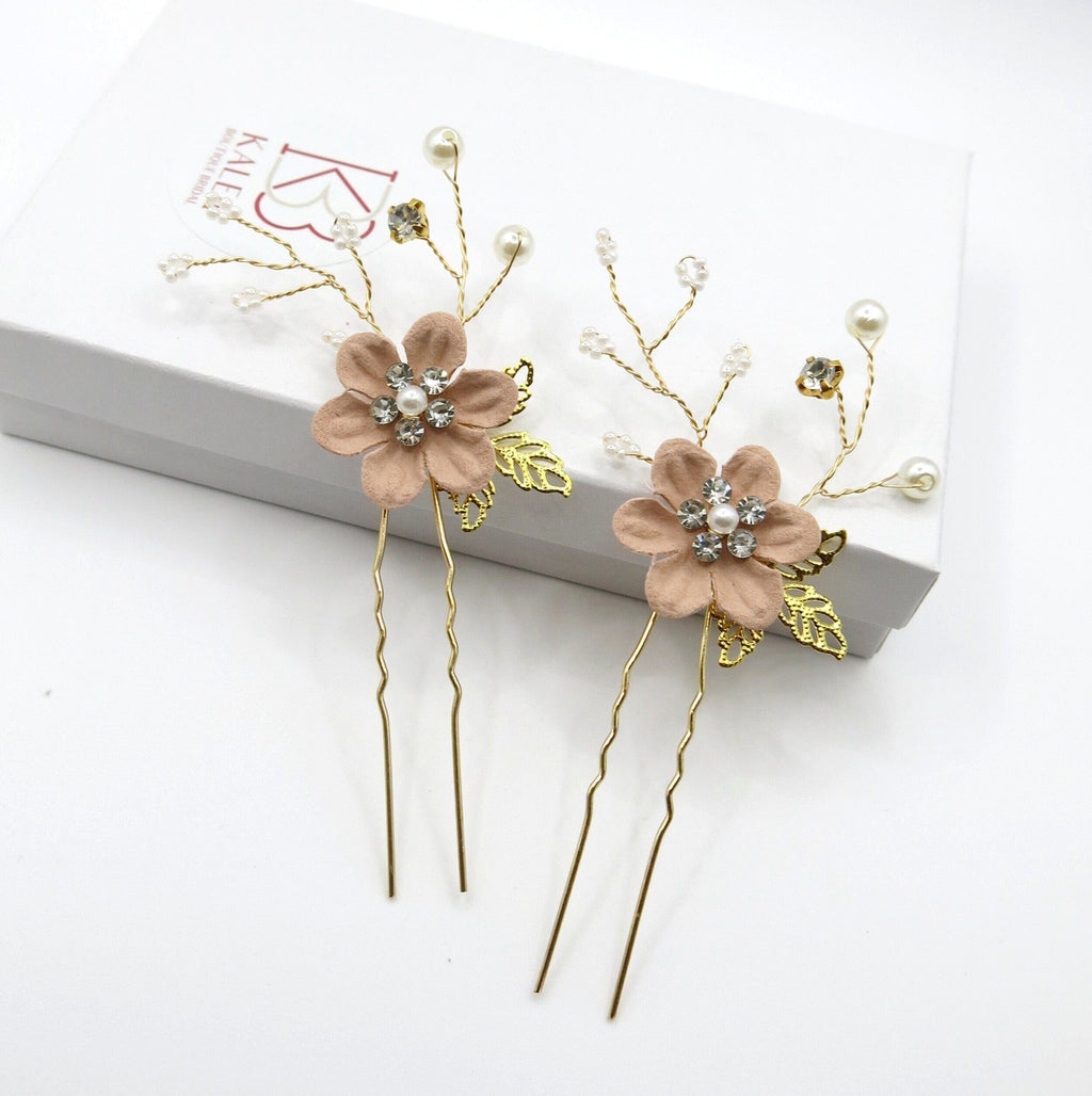 Bridal Dusty Pink Flower 2 PC Hairpin Set, Wedding Velvet Fabric Pink Hair Pins, Bridesmaid Blush Flower Hairpin, Set of 2 - KaleaBoutique.com