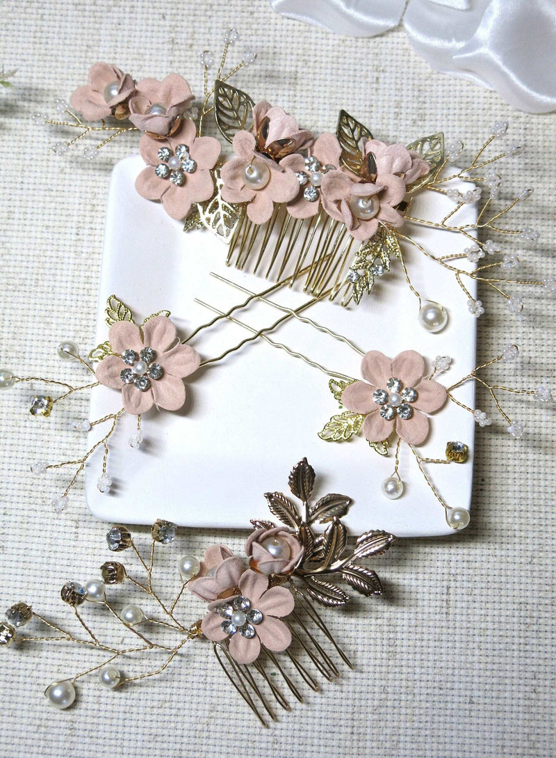 Bridal Dusty Pink Flower 2 PC Hairpin Set, Wedding Fabric Pink Floral Pearl Hairpiece, Bridesmaid Blush Flower Hairpin, Bride Flower Hairpin - KaleaBoutique.com