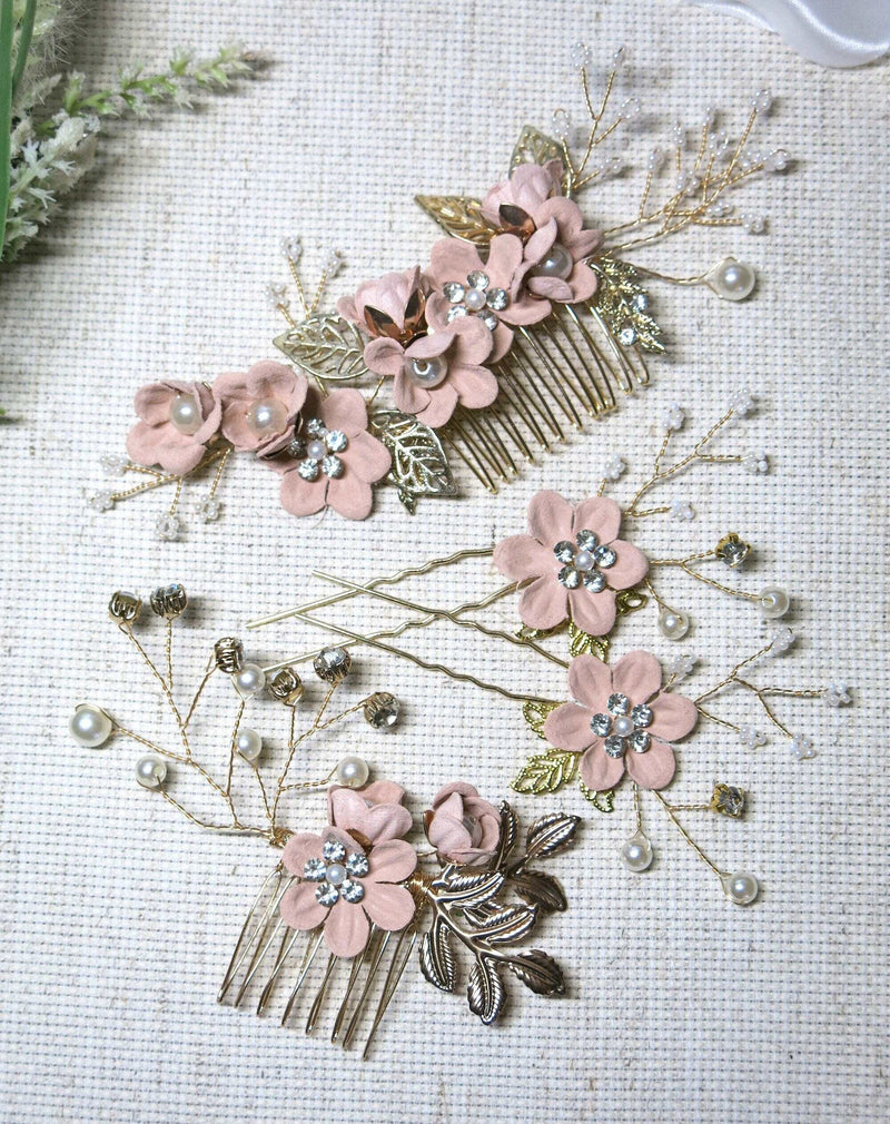 Bridal Dusty Pink Flower 2 PC Hairpin Set, Wedding Fabric Pink Floral Pearl Hairpiece, Bridesmaid Blush Flower Hairpin, Bride Flower Hairpin - KaleaBoutique.com