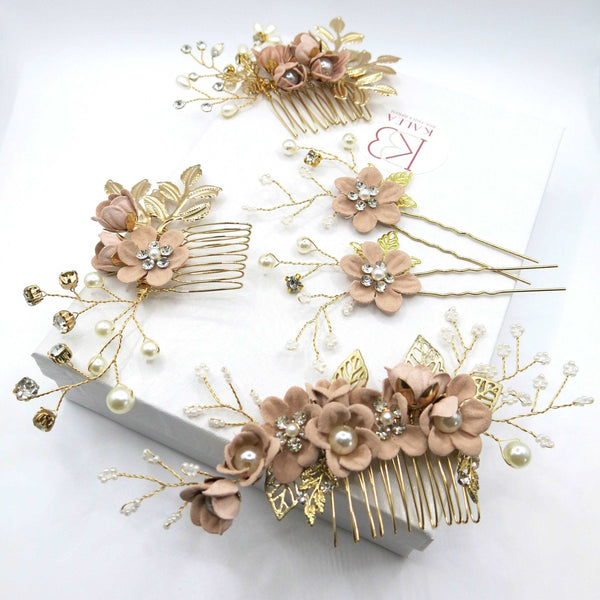 Bridal Dusty Pink Flower 2 PC Hairpin Set, Wedding Velvet Fabric Pink Hair Pins, Bridesmaid Blush Flower Hairpin, Set of 2 - KaleaBoutique.com