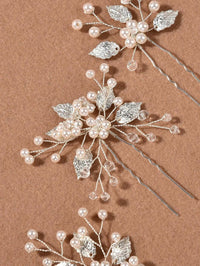 Bridal Pearl Embossed Leaf 3 PC Hair Pin Set, Wedding Floral Pearl Cluster Hairpin, Bride or Bridesmaid Flower Hairpins - KaleaBoutique.com