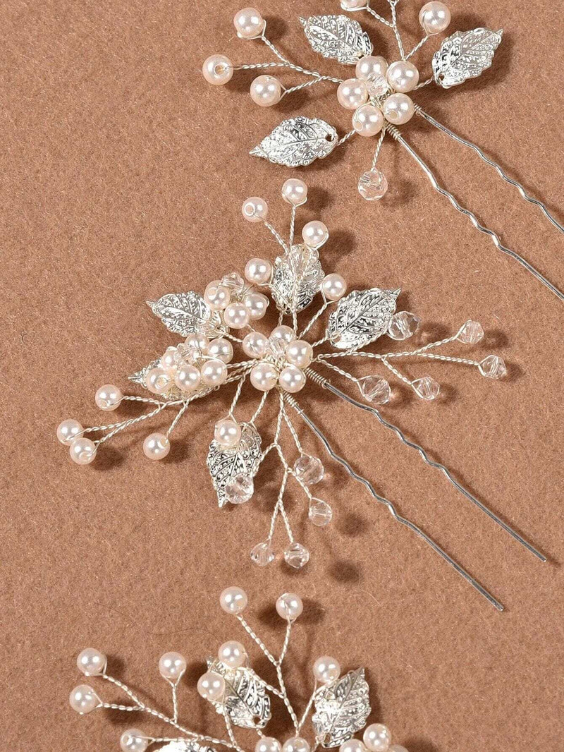 Bridal Embossed Leaf and Pearl 3 PC Hair Pin Set, Wedding Floral Pearl Cluster Hairpin, Bride or Bridesmaid   Wire Flower Hairpiece Hairpins - KaleaBoutique.com