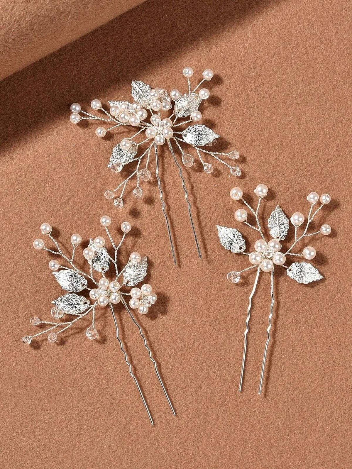Bridal Pearl Embossed Leaf 3 PC Hair Pin Set, Wedding Floral Pearl Cluster Hairpin, Bride or Bridesmaid Flower Hairpins - KaleaBoutique.com