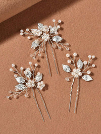 Bridal Pearl Embossed Leaf 3 PC Hair Pin Set, Wedding Floral Pearl Cluster Hairpin, Bride or Bridesmaid Flower Hairpins - KaleaBoutique.com