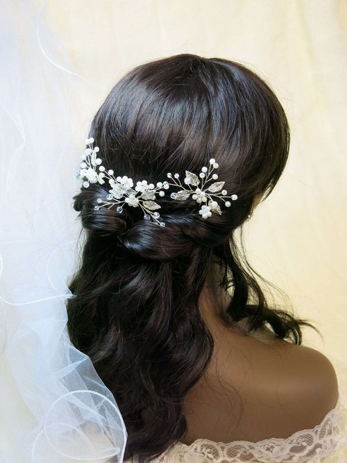 Bridal Pearl Embossed Leaf 3 PC Hair Pin Set, Wedding Floral Pearl Cluster Hairpin, Bride or Bridesmaid Flower Hairpins - KaleaBoutique.com