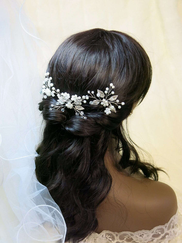 Bridal Pearl Embossed Leaf 3 PC Hair Pin Set, Wedding Floral Pearl Cluster Hairpin, Bride or Bridesmaid Flower Hairpins - KaleaBoutique.com