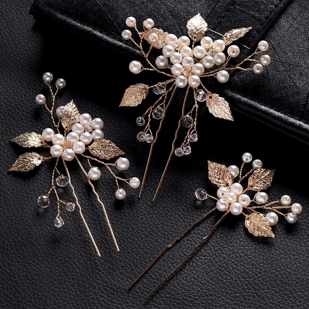 Bridal Pearl Embossed Leaf 3 PC Hair Pin Set, Wedding Floral Pearl Cluster Hairpin, Bride or Bridesmaid Flower Hairpins - KaleaBoutique.com