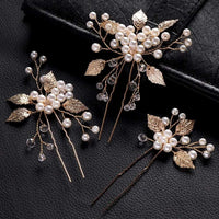 Bridal Pearl Embossed Leaf 3 PC Hair Pin Set, Wedding Floral Pearl Cluster Hairpin, Bride or Bridesmaid Flower Hairpins - KaleaBoutique.com