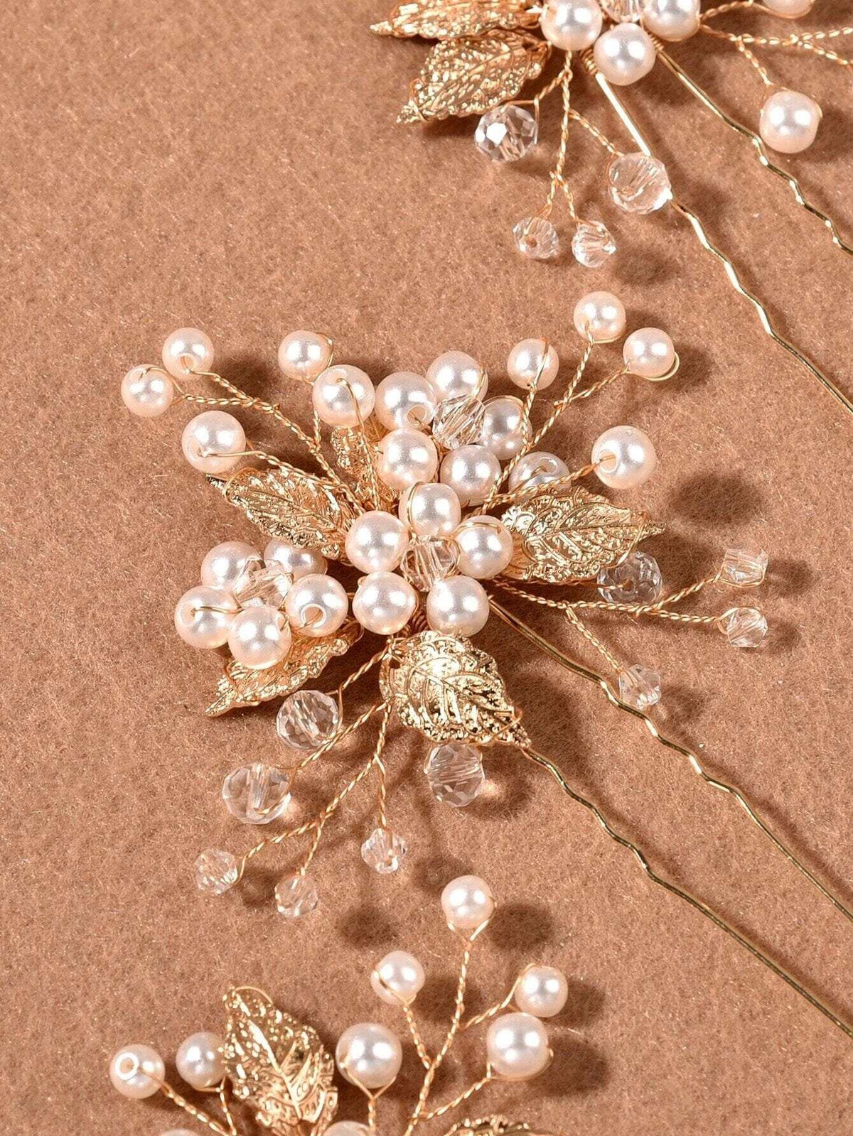Bridal Pearl Embossed Leaf 3 PC Hair Pin Set, Wedding Floral Pearl Cluster Hairpin, Bride or Bridesmaid Flower Hairpins - KaleaBoutique.com