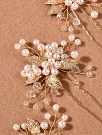 Bridal Pearl Embossed Leaf 3 PC Hair Pin Set, Wedding Floral Pearl Cluster Hairpin, Bride or Bridesmaid Flower Hairpins - KaleaBoutique.com