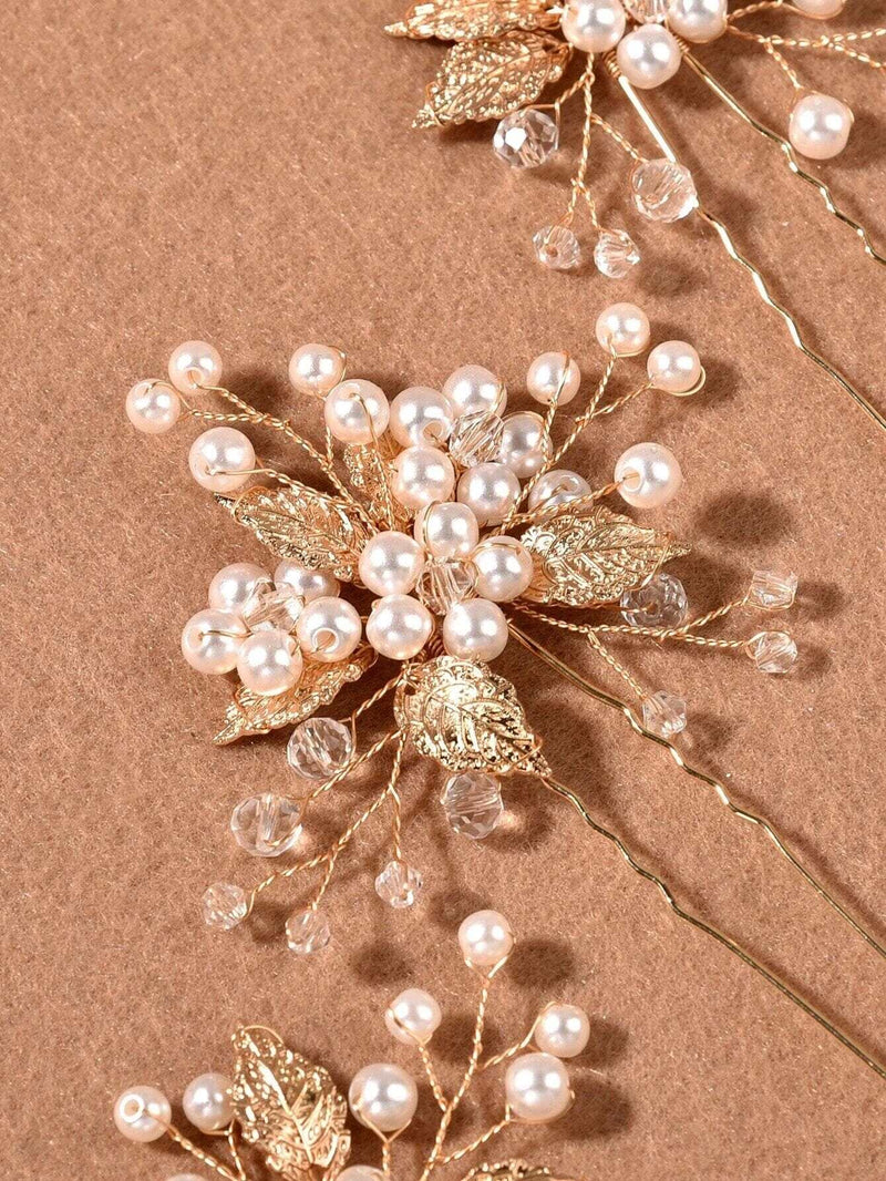 Bridal Embossed Leaf and Pearl 3 PC Hair Pin Set, Wedding Floral Pearl Cluster Hairpin, Bride or Bridesmaid   Wire Flower Hairpiece Hairpins - KaleaBoutique.com