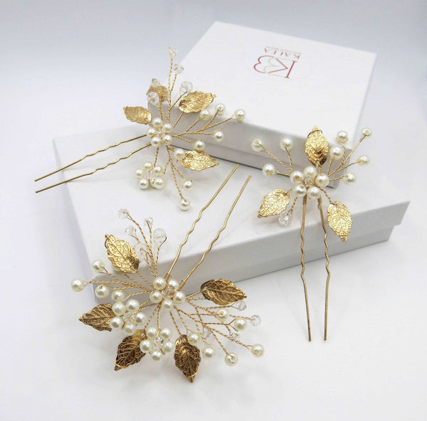 Bridal Pearl Embossed Leaf 3 PC Hair Pin Set, Wedding Floral Pearl Cluster Hairpin, Bride or Bridesmaid Flower Hairpins - KaleaBoutique.com