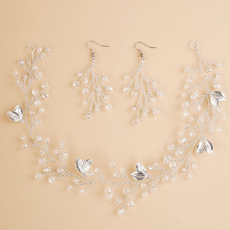 Bridal Floral Crystal Beads Hair Vine and Dangle Earrings 3 PC Set, Wedding Wire Head Wreath Tiara Bridesmaid Wire Headband Earrings Jewelry - KaleaBoutique.com