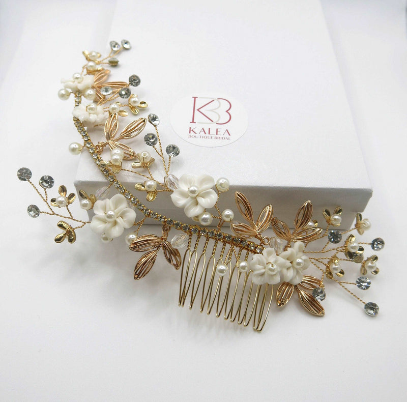 Floral Vine Decorative Bridal Hair Comb, Wedding Floral Hair Vine, Crystal Pearl Bride Head Wreath, White Clay Flower Hair Comb - KaleaBoutique.com