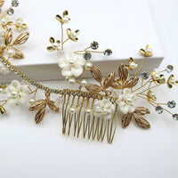 Floral Vine Decorative Bridal Hair Comb, Wedding Floral Hair Vine, Crystal Pearl Bride Head Wreath, White Clay Flower Hair Comb - KaleaBoutique.com