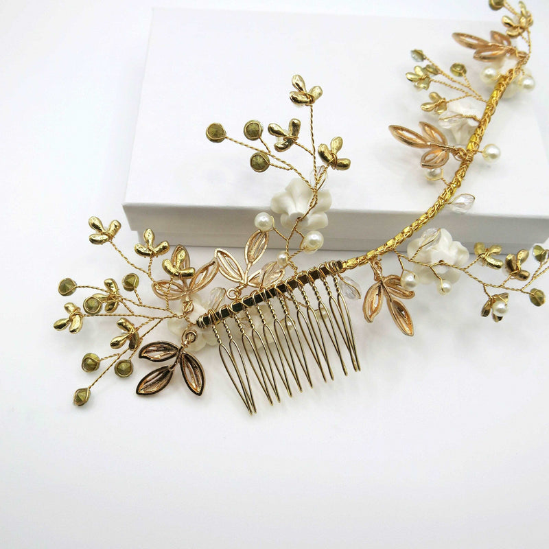 Floral Vine Decorative Bridal Hair Comb, Wedding Floral Hair Vine, Crystal Pearl Bride Head Wreath, White Clay Flower Hair Comb - KaleaBoutique.com