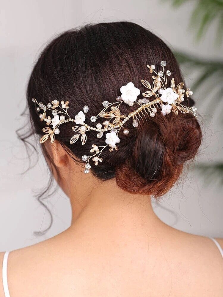 Floral Vine Decorative Bridal Hair Comb, Wedding Floral Hair Vine, Crystal Pearl Bride Head Wreath, White Clay Flower Hair Comb - KaleaBoutique.com