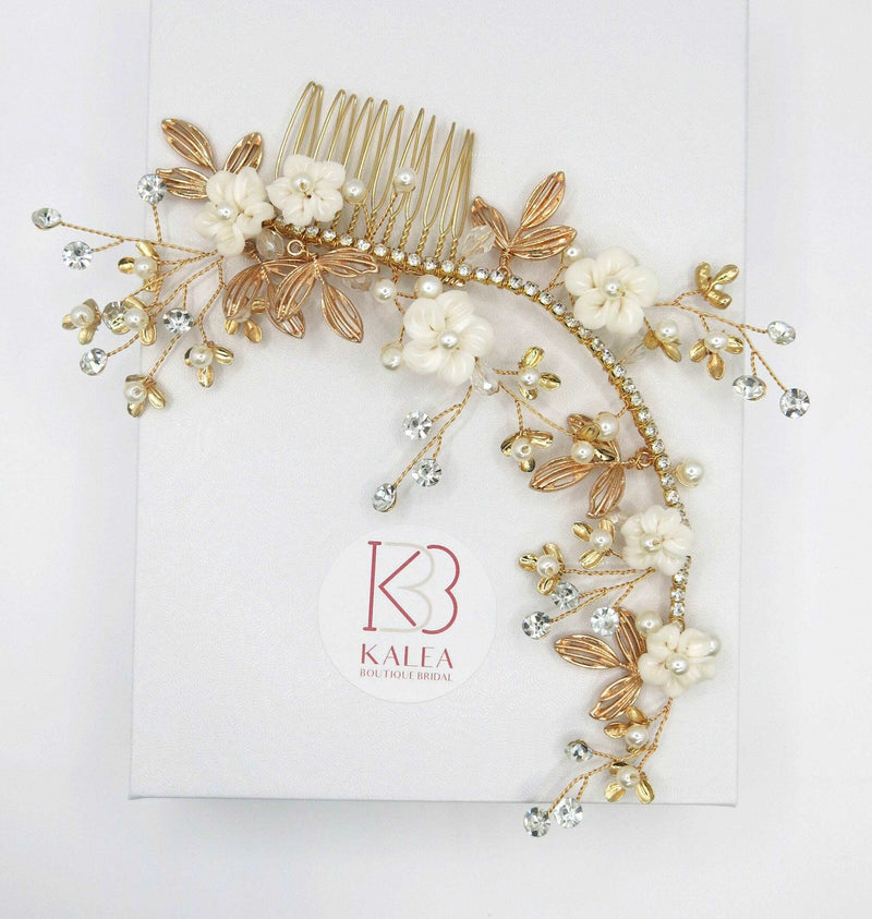 Floral Vine Decorative Bridal Hair Comb, Wedding Floral Hair Vine, Crystal Pearl Bride Head Wreath, White Clay Flower Hair Comb - KaleaBoutique.com