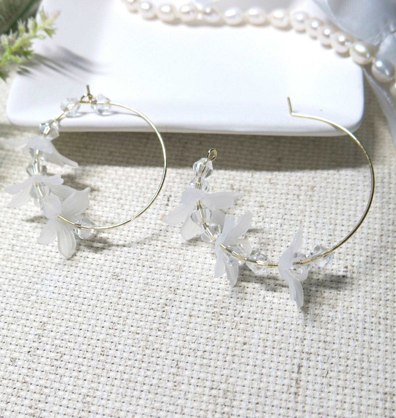 Bridal Flowerhead Dangle Hoop Earrings, Crystal Gem Boho Wedding Floral Studs, Bridesmaid Pearl Fashion Studs, Medium Flower Hoop Earrings - KaleaBoutique.com